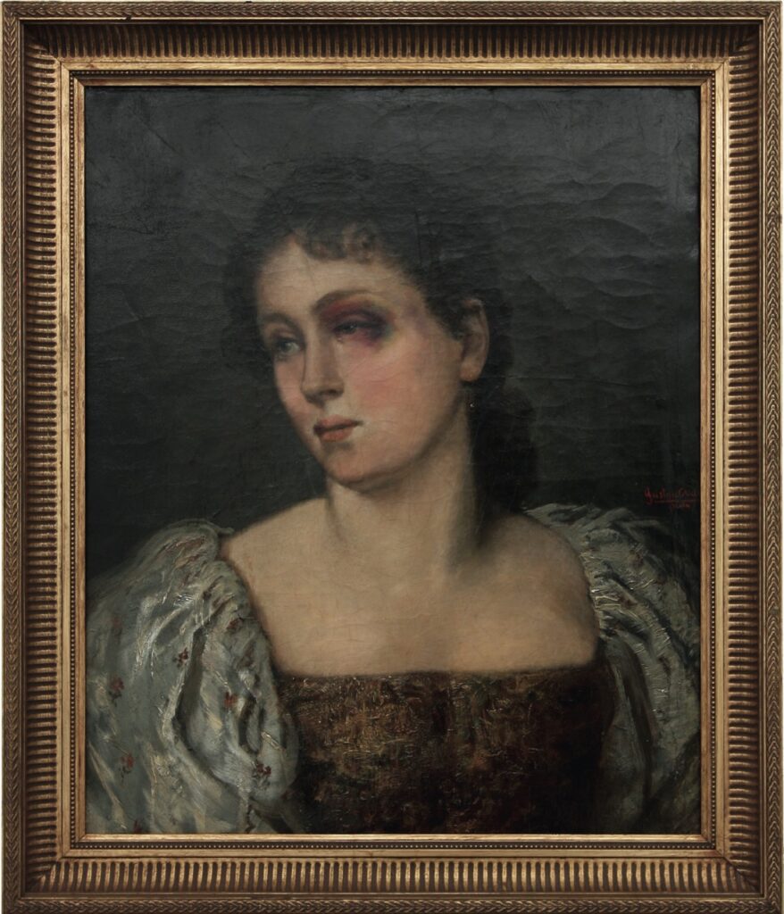 Portrait of woman with wounded blue eye